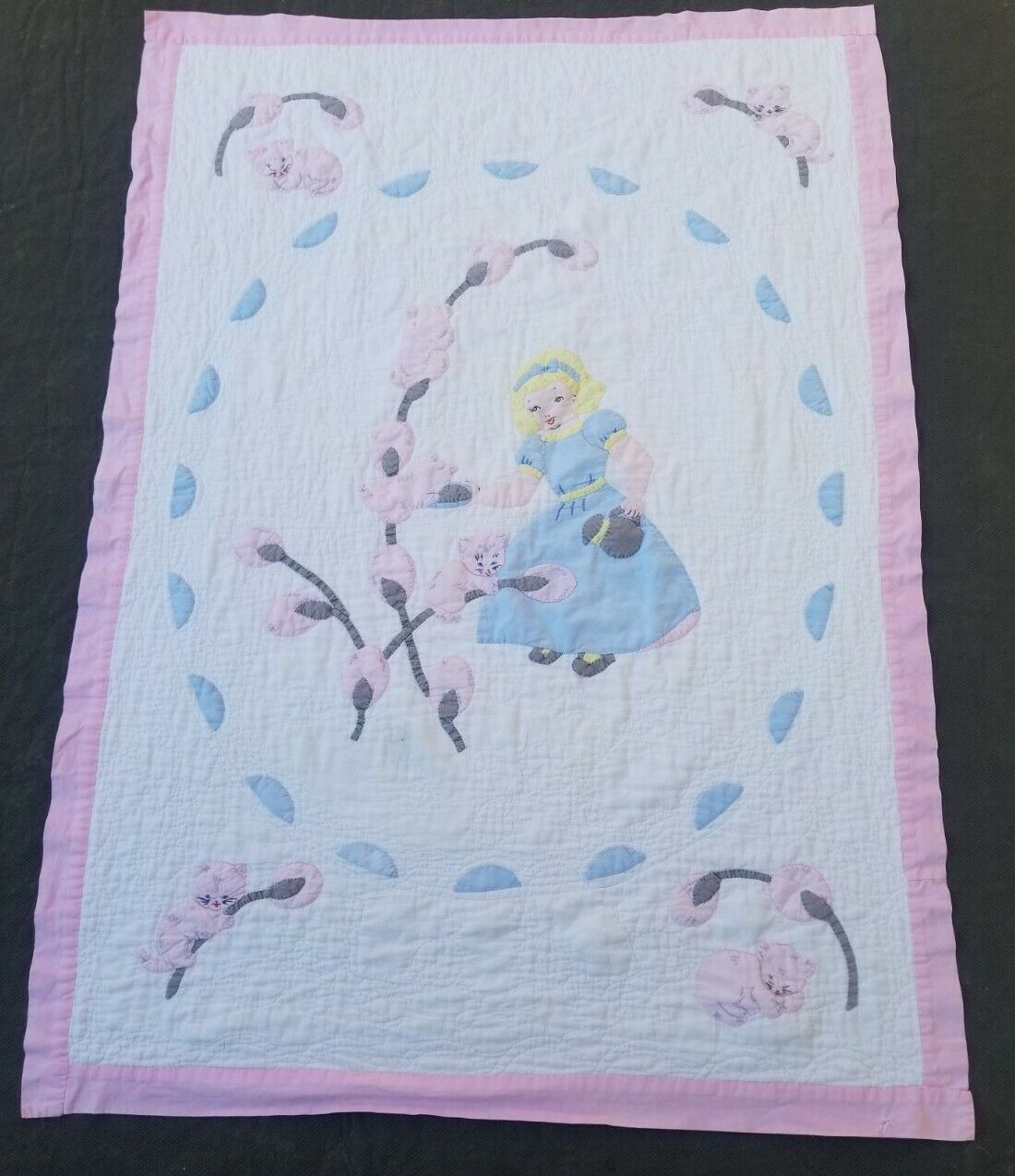 Vtg Handmade Baby Infant Quilt Crib Princess Bedding 35 X 48 Pink White Blue