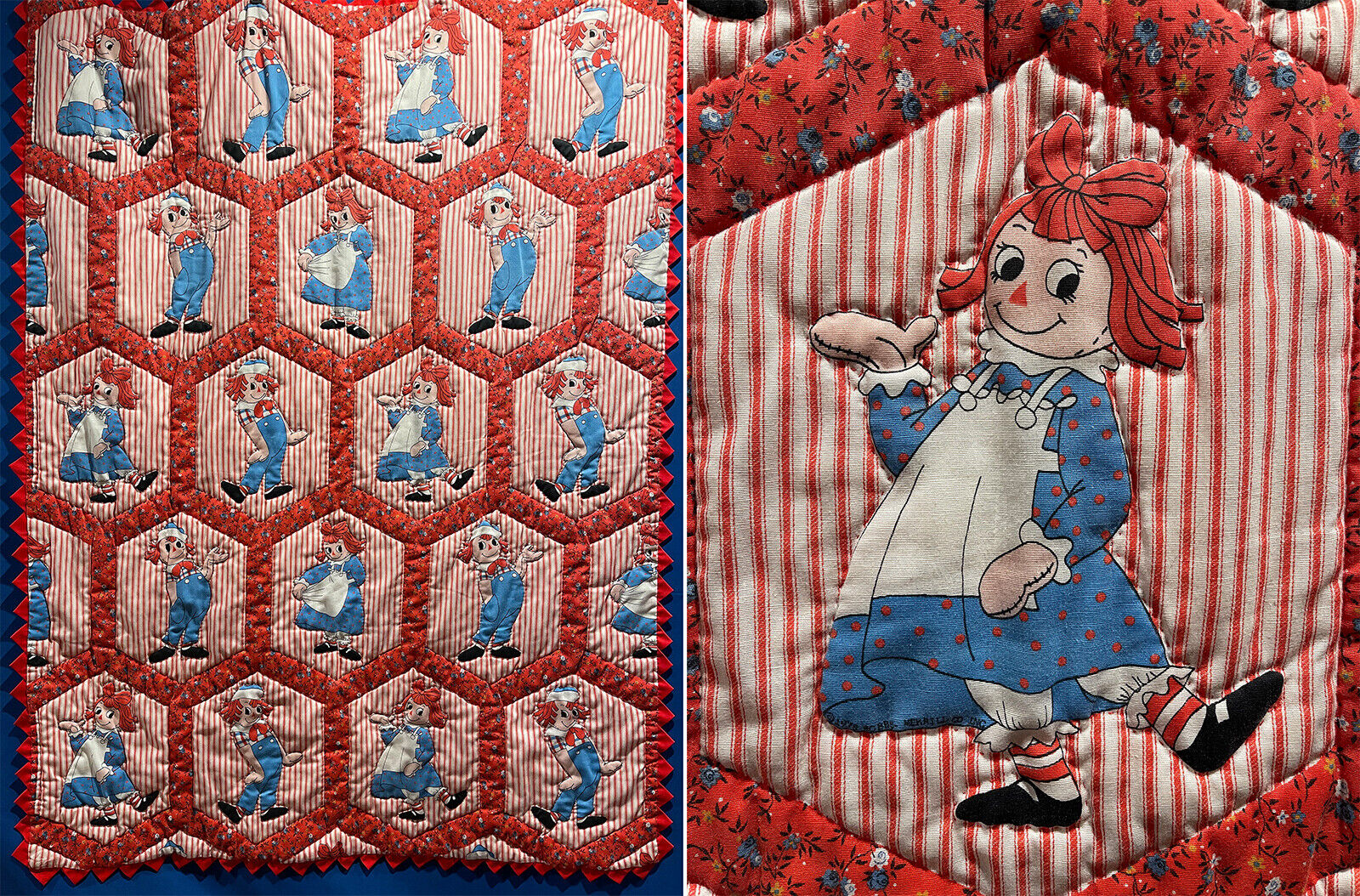 Vintage Raggedy Ann Andy Doll Novelty Print Childs Baby Blanket Crib Quilt 52x42