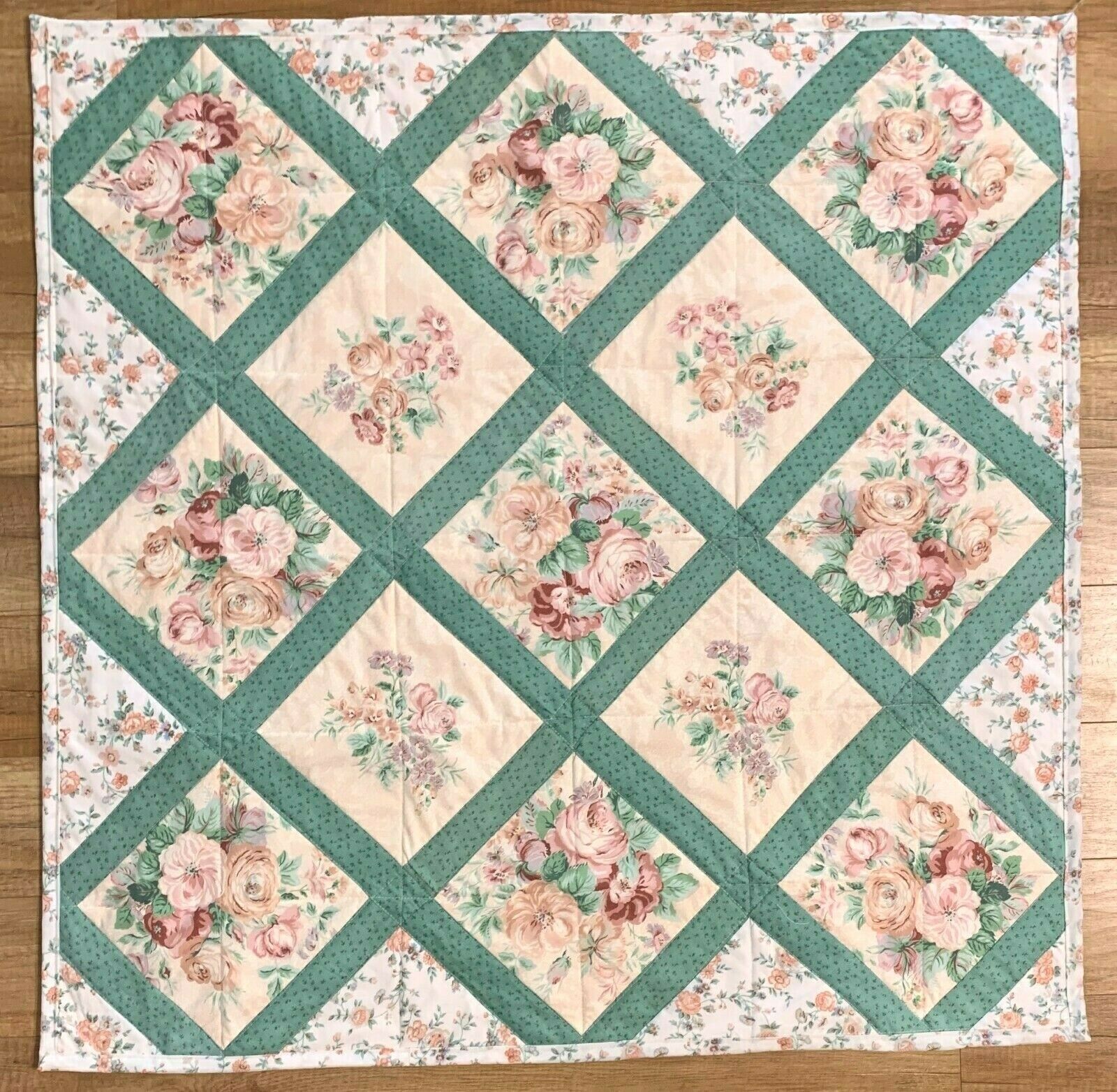 Baby Quilt Handmade Girl's Peach Green Floral Patchwork Crib Blanket 42"x42"